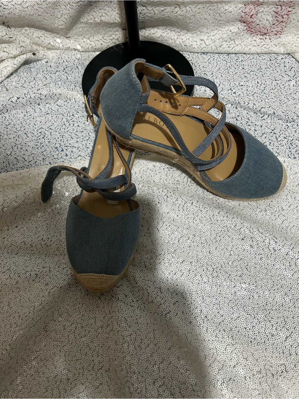 Talbots Denim Blue Espadrille Wedge Sandals with Ankle Straps